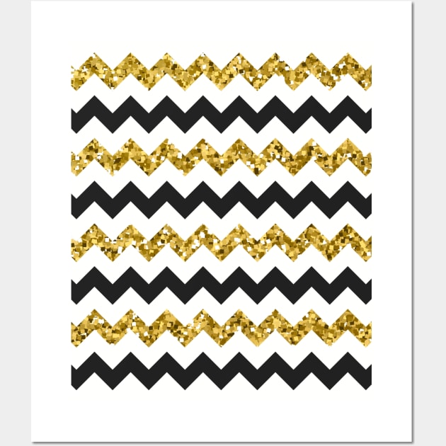 Glitter Chic Pattern 01 | ZigZag Gold and Black Lines Wall Art by DesignBoomArt